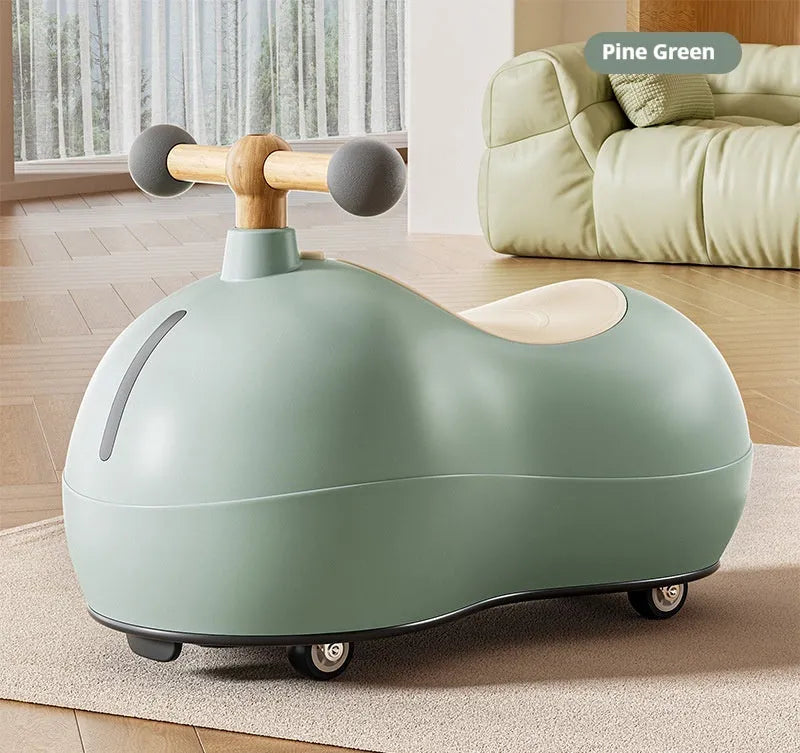 Plastic baby balance walker car with universal sliding wheels for ages 1-3, available in milky white, cherry blossom pink or pine green