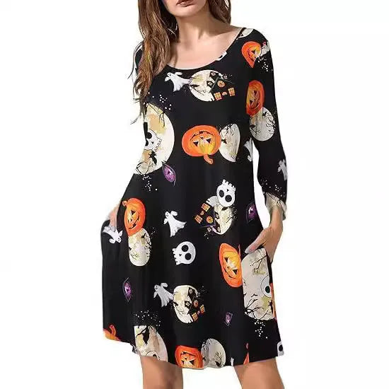 Halloween Christmas printed T-shirt dress with A-line skirt and 3D pattern in black colour