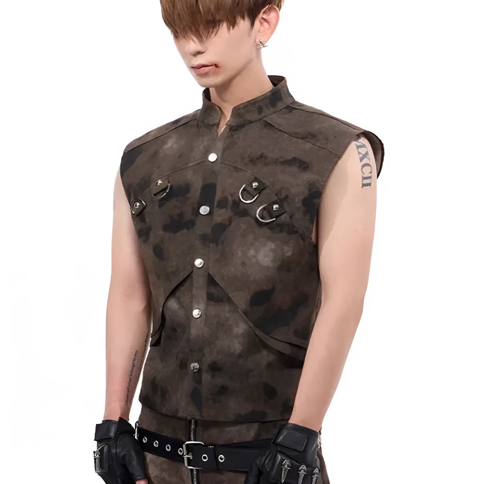American retro camouflage pattern denim vest and trousers co-ordinated set