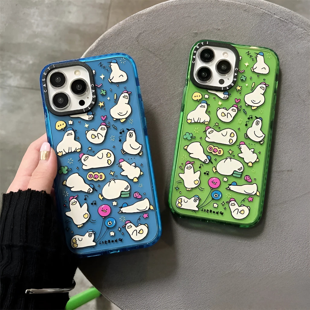 Little Duck creative phone case in green flash acrylic finish, drop-resistant PC hard case for Apple iPhone, cartoon duck design