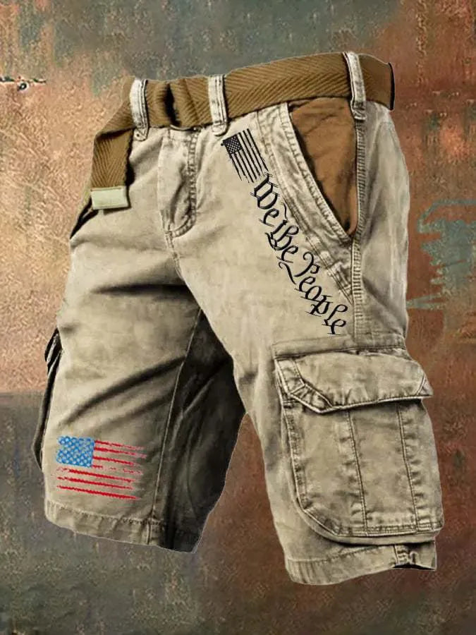 Men's loose-fit fifth pants in thin polyester denim, shown in khaki and blue colours with multiple pockets.