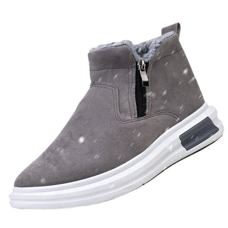 Men's winter snow boots with side zipper, plush lining, cotton upper and wear-resistant rubber outsole in black or grey.