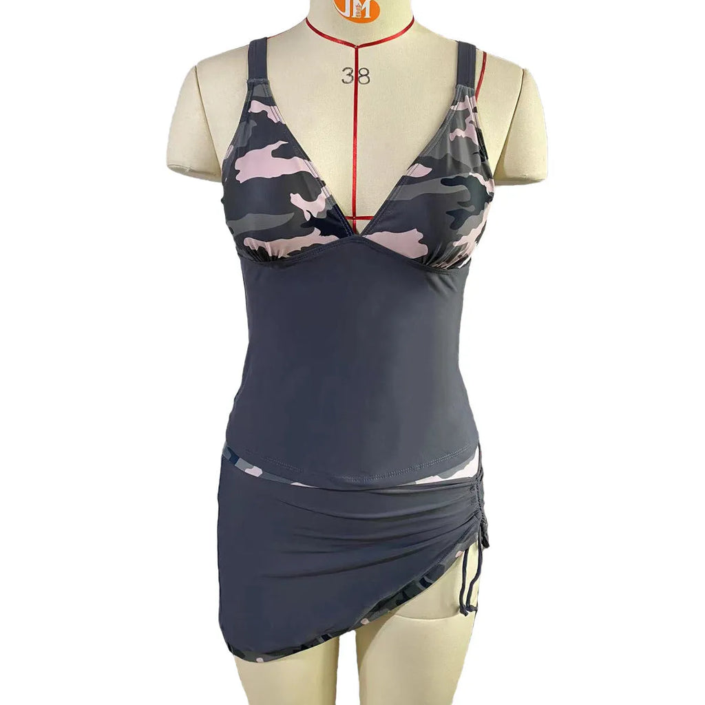 Women's two-piece swimsuit V-neck backless solid colour skirt set black gray green nylon polyester