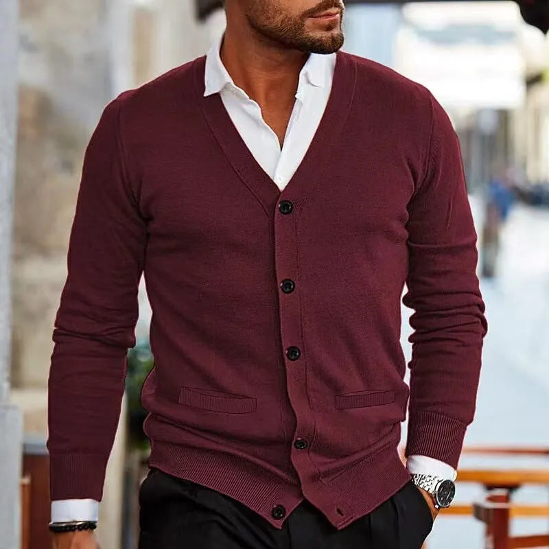 Men's slim fit acrylic cardigan sweater in a range of colours including beige, black, dark green, and wine red.
