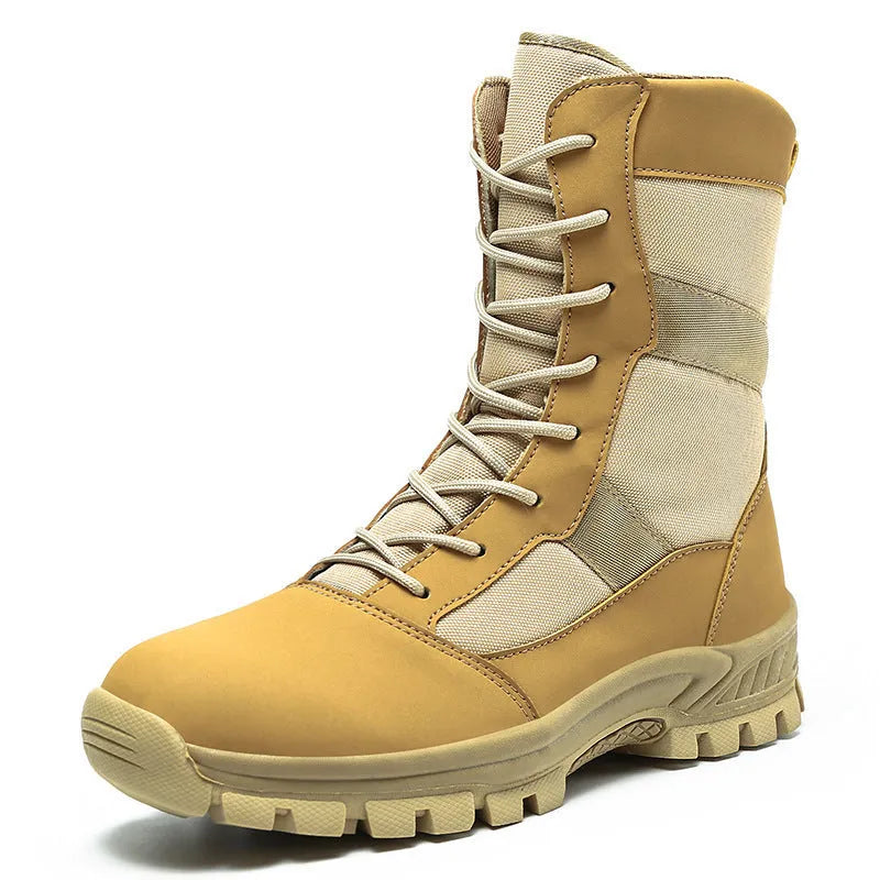Men's black and camouflage high-top combat boots with mesh upper and totem pattern detailing