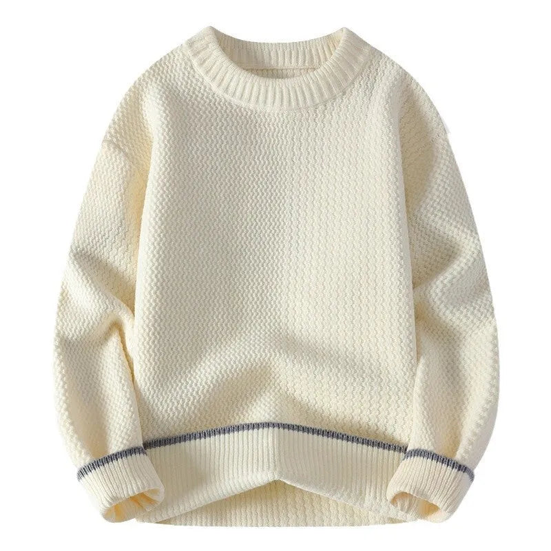 Men's loose fit round neck pullover sweater in grey, shown on a model