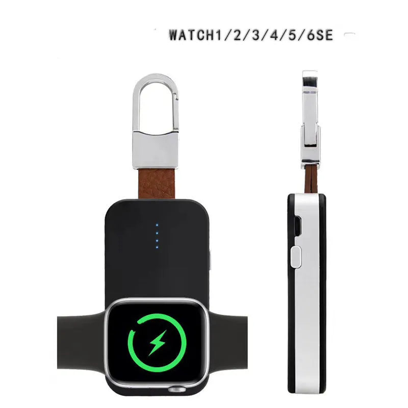 Black portable keychain power bank for wireless charging of an Apple Watch.