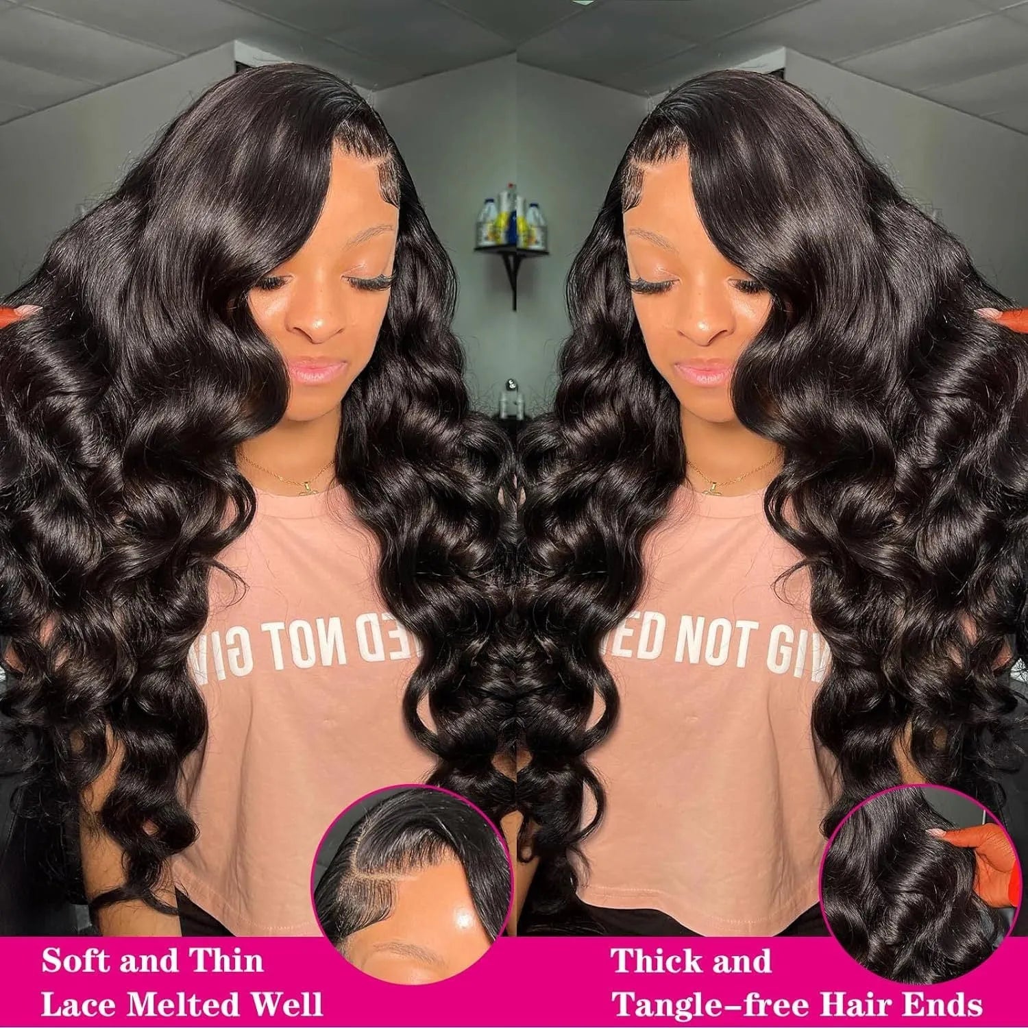 Black full-head wig with medium-long curly hairstyle on a wig stand.