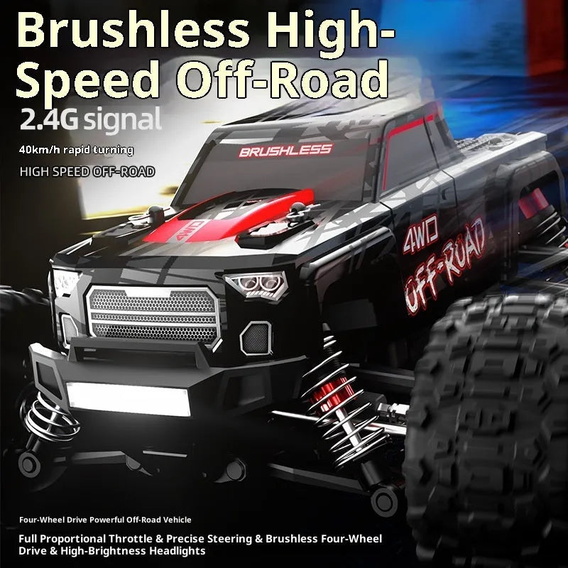 Four-wheel drive brushless remote control car in black with orange wheels on rough ground