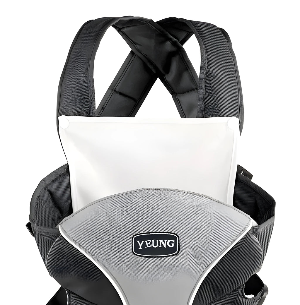 Blue double-shoulder baby carrier showing face-to-face carrying position with breathable fabric