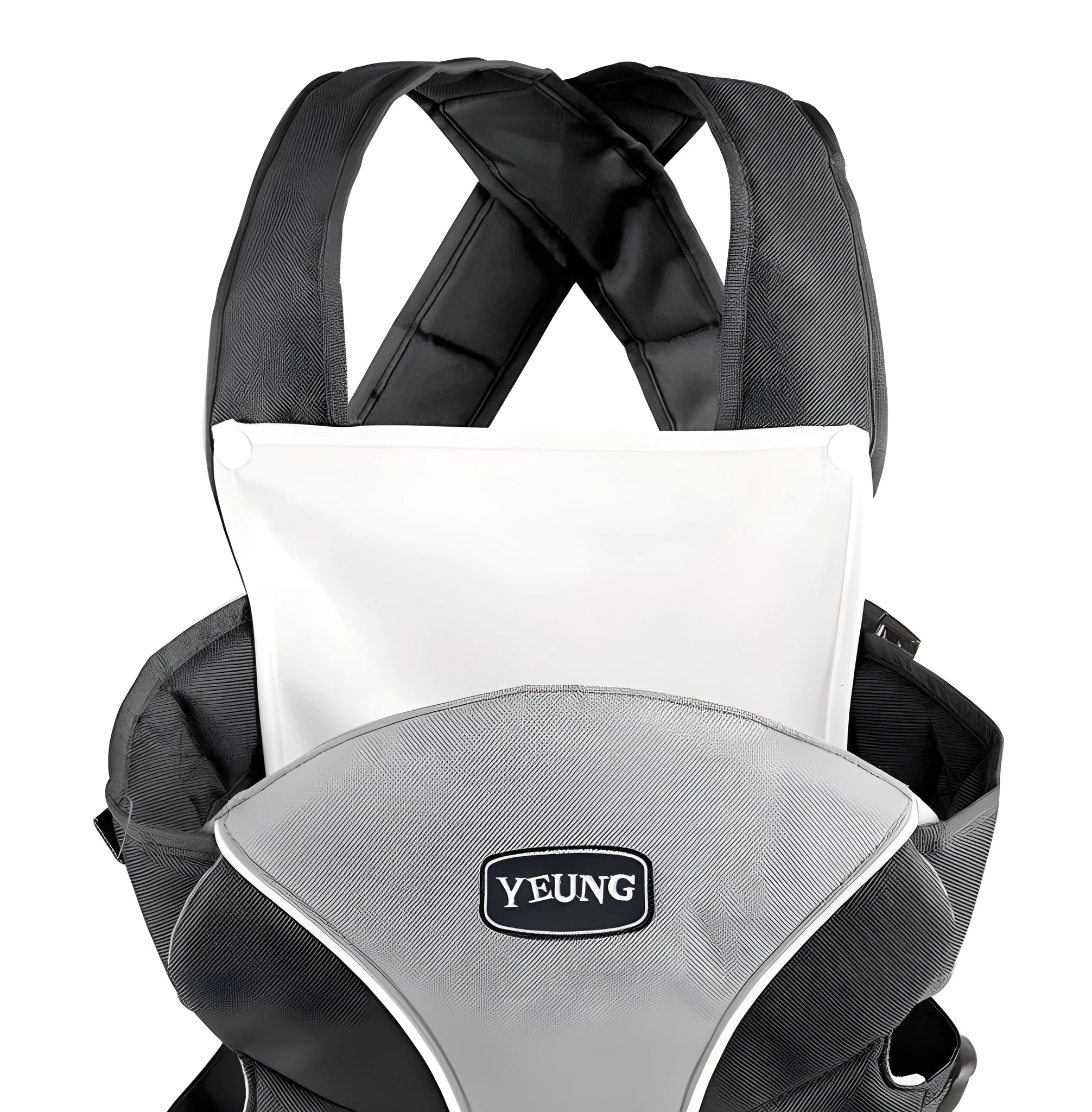 Blue double-shoulder baby carrier showing face-to-face carrying position with breathable fabric