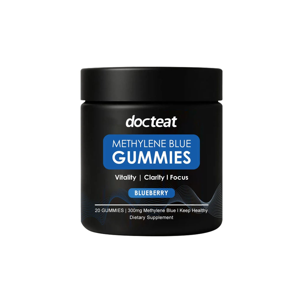 Jar of 20 methylene blue soft candy gummies, a pectin-based dietary supplement.