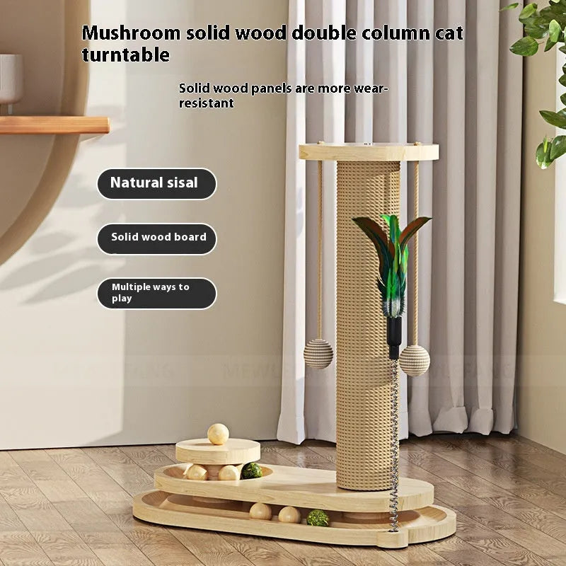 Solid wood cat scratching post with turntable climbing platform in various style configurations