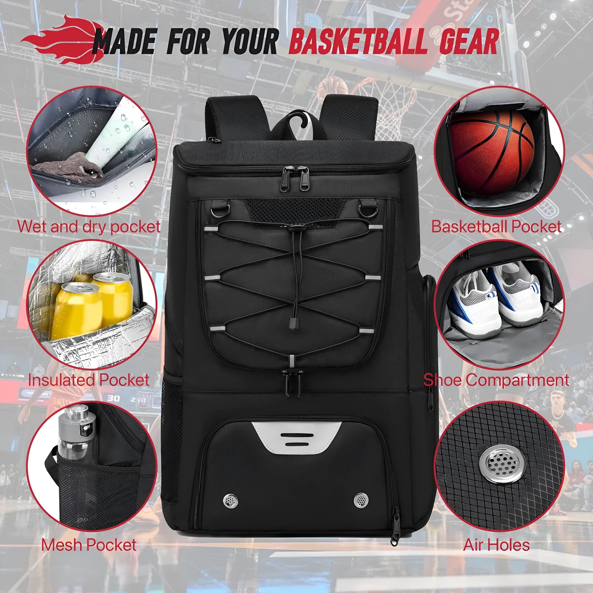 Black Oxford cloth basketball training backpack with large capacity for sports equipment.