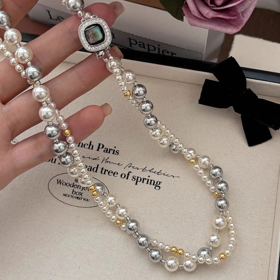 Double-layer pearl necklace with micro-inlaid square pendant and electroplated finish for women 43cm