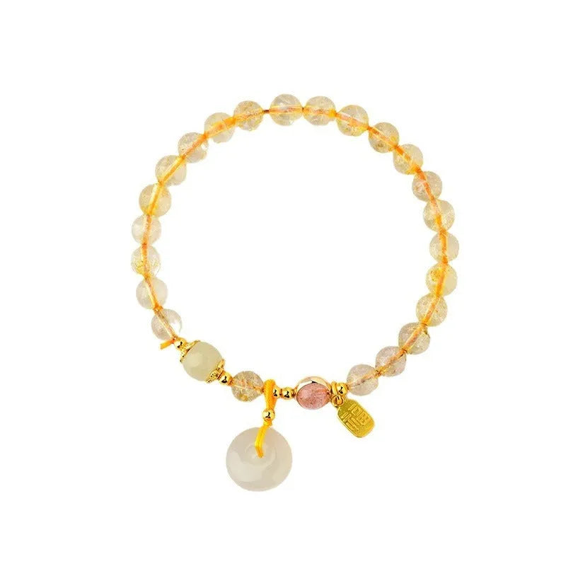 Gold rutilated quartz bracelet with geometric peace buckle and blessing card pendant in national style