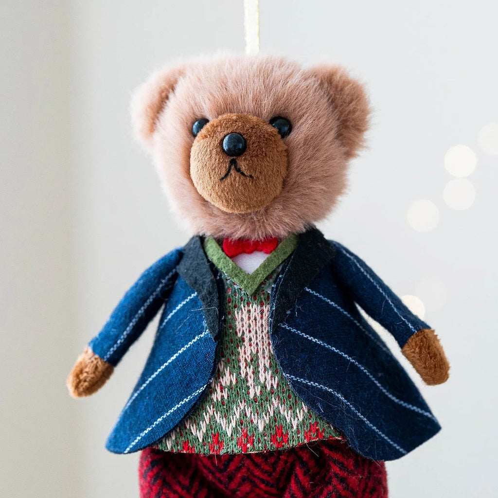 Cartoon plush bear doll couple in suit plaid design showing gentleman bear and princess bear options