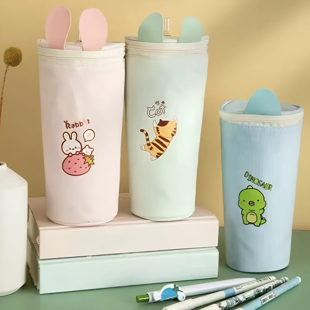 Canvas pencil bag with round Korean-style cartoon pattern, 193 x 72 mm, for junior high school pupils