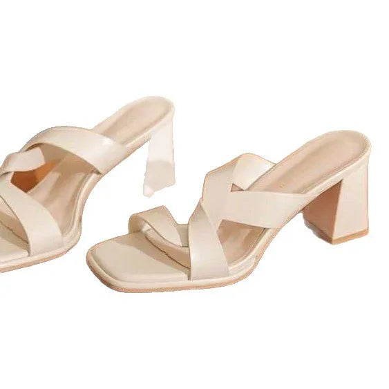 Women's open toe chunky heel sandals in apricot and milky white with PU upper, cowhide features and rubber sole