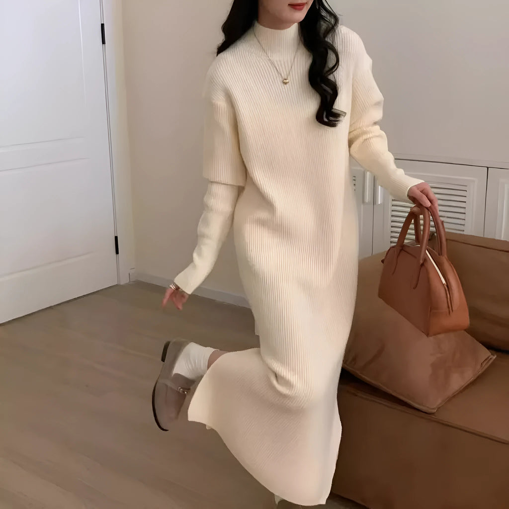 Women's knitted dress with half turtleneck collar in knee-length design for office wear