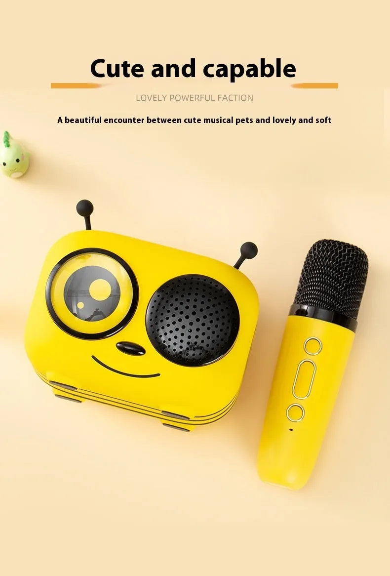 Lemon yellow karaoke integrated microphone Bluetooth speaker for household use, top-down view