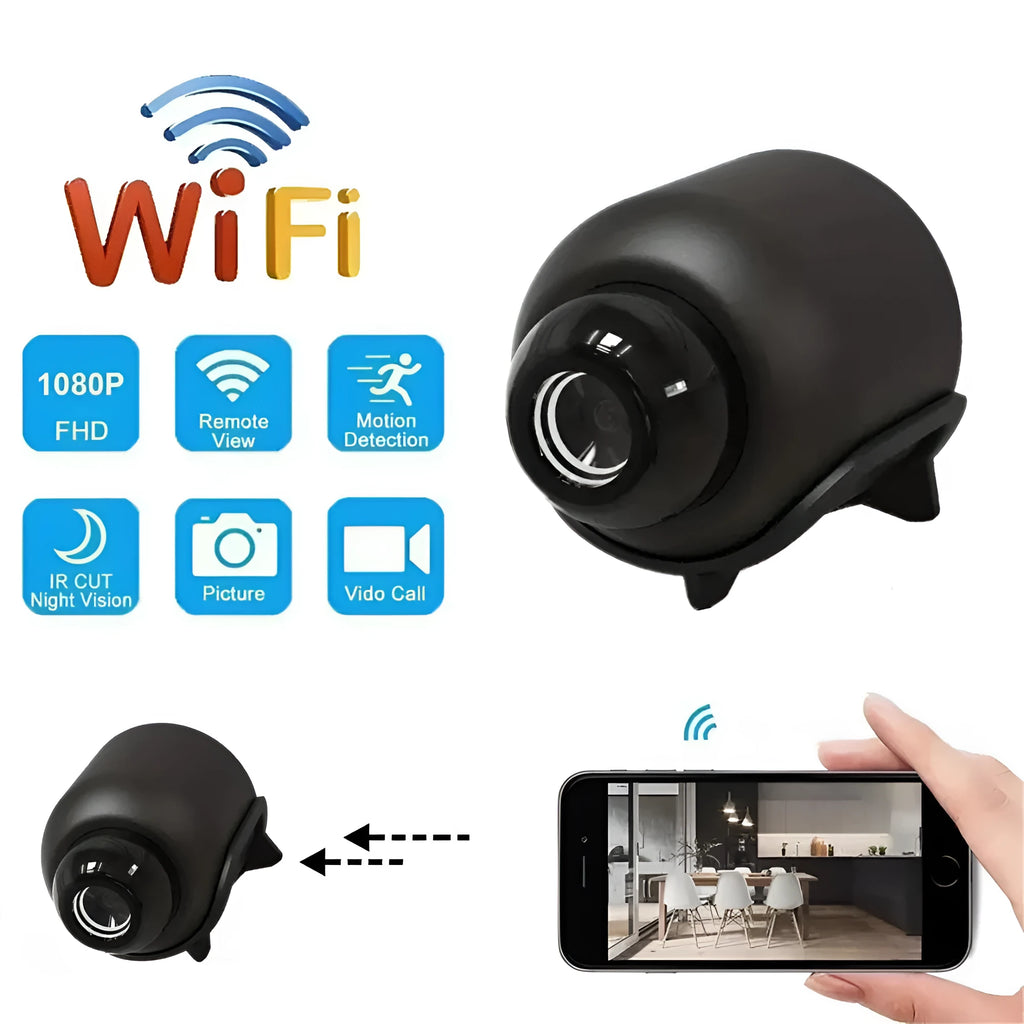 Black portable wireless network surveillance camera with USB cable and manual for indoor intelligent monitoring