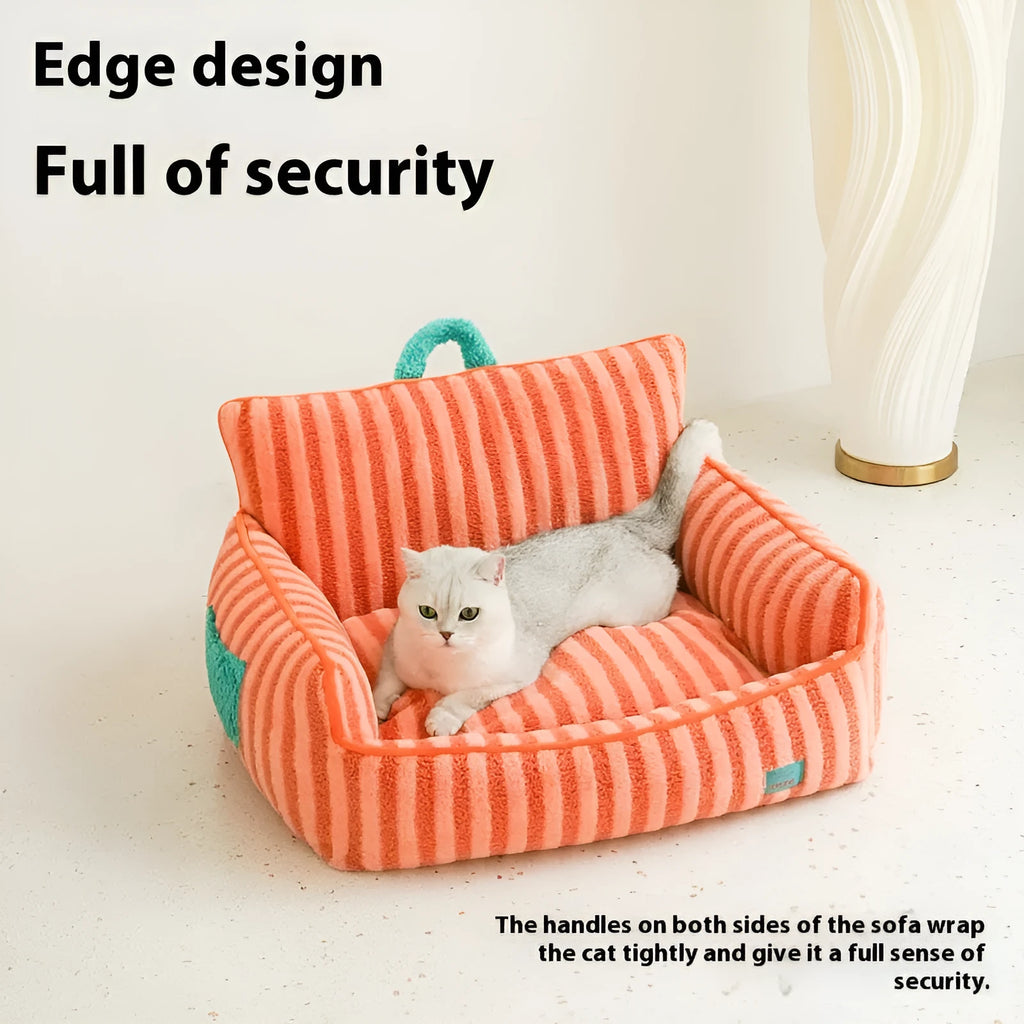 Striped soft velvet pet bed for dogs with a removable cover in yellow, orange, or purple.