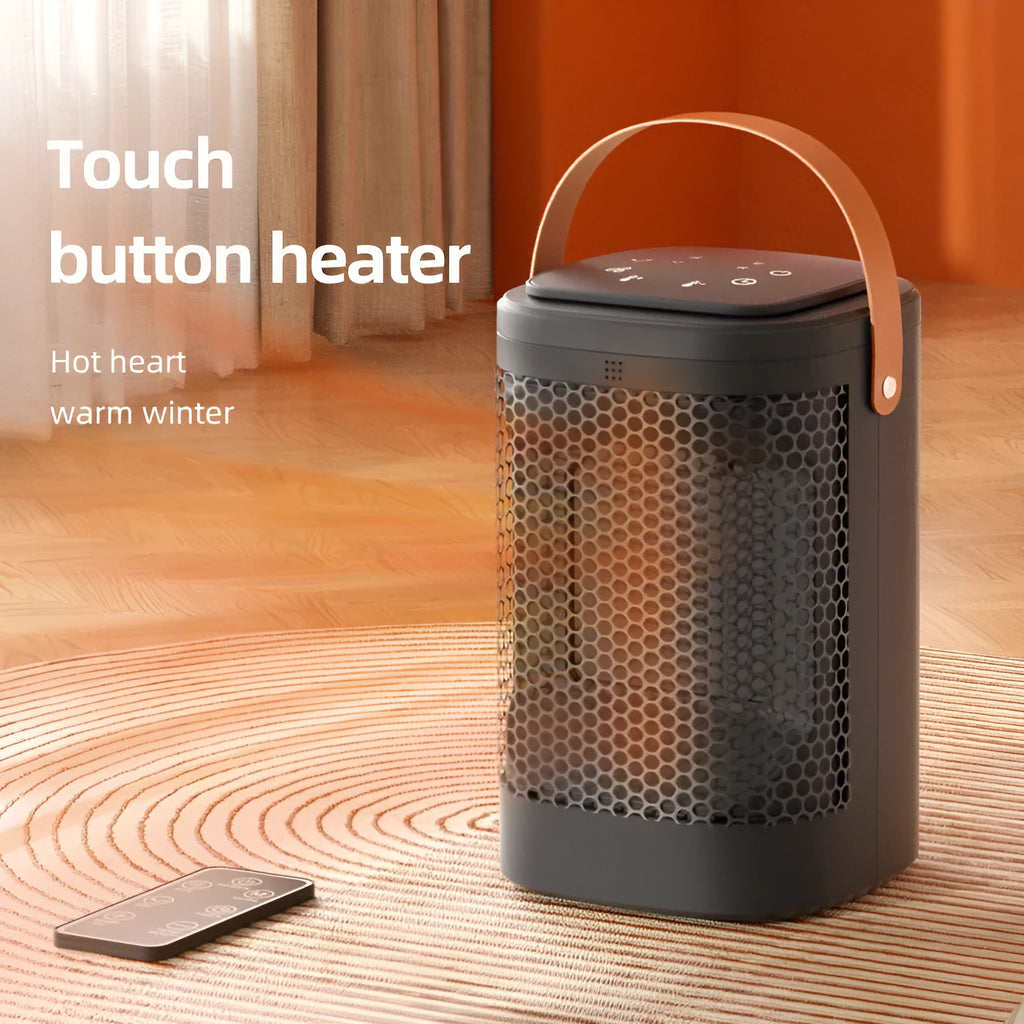 Silver electric heating radiator with digital touch screen display and remote control for hot and cold air.
