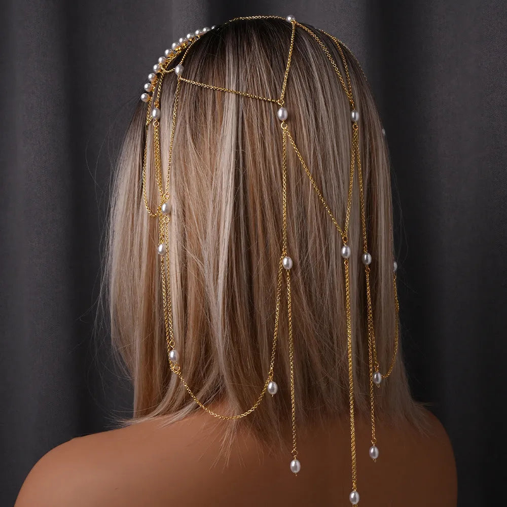 Pearl mesh tassel hair chain for women in gold or silver electroplated finish