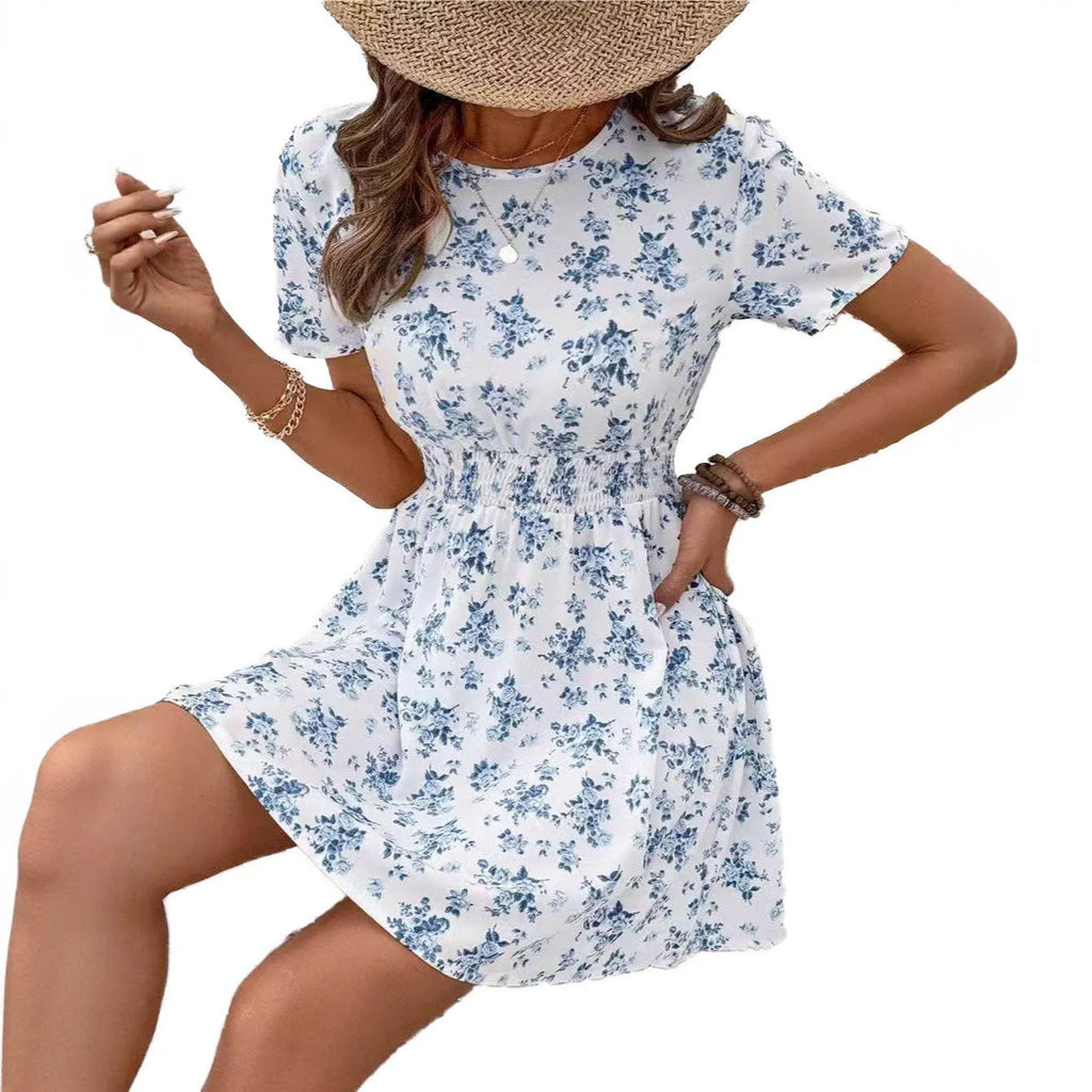 Light blue high waist A-line casual dress on a hanger, showing mid-length skirt and regular sleeves.
