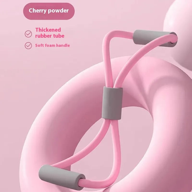 Four-piece yoga fitness set showing leg stretcher, yoga ring, pedal puller, and figure-eight tension rope.
