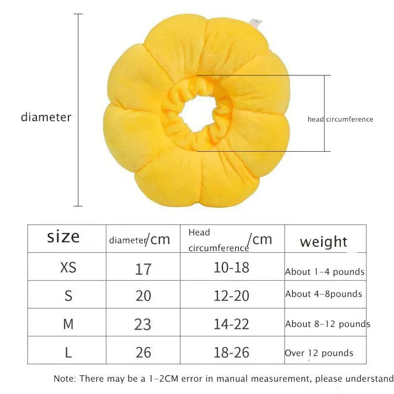 Sunflower patterned cotton recovery collar for a cat or small dog, showing adjustable band.