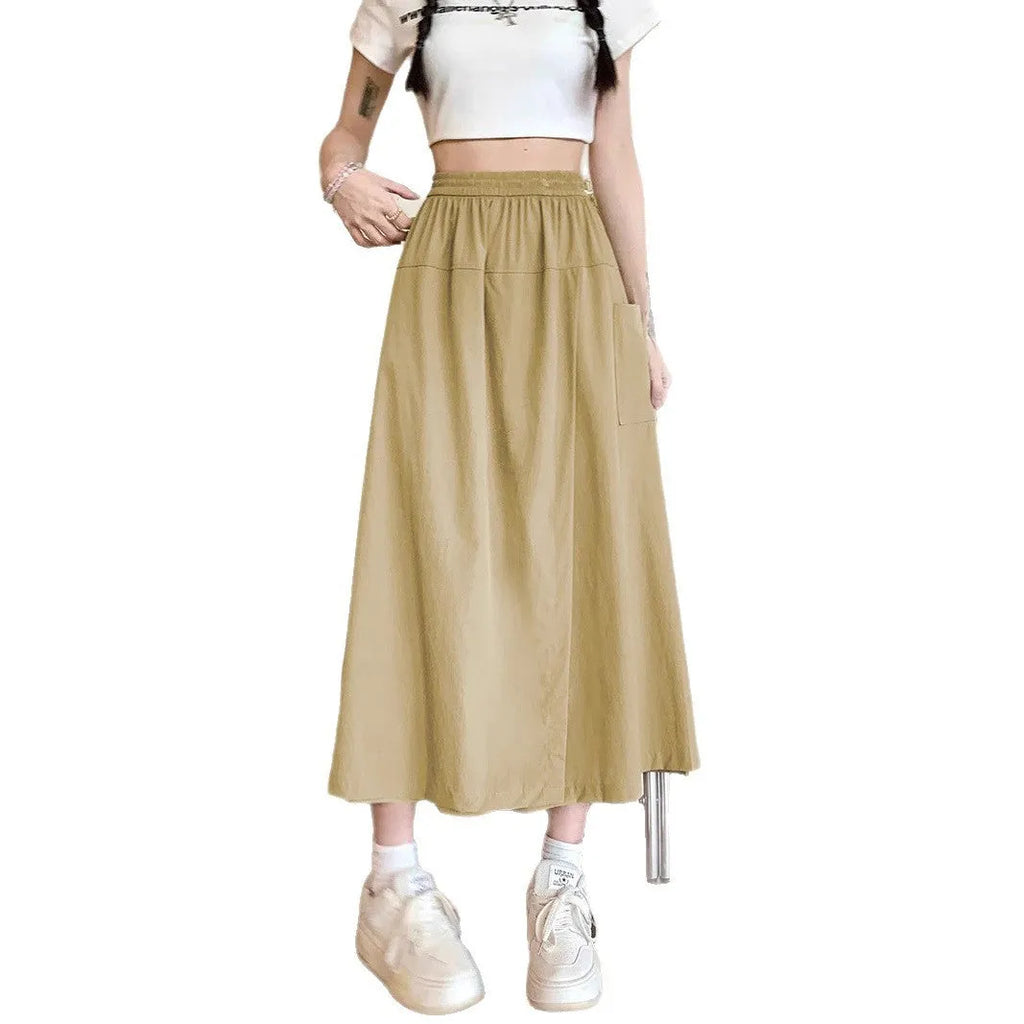 Camel coloured women's wide leg skirt with elastic waist and drape styling