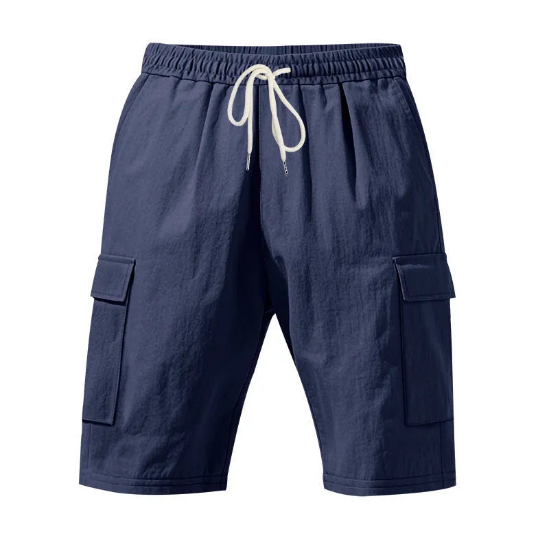 Men's linen blend casual shorts with multiple pockets in light blue colour showing loose-fit design