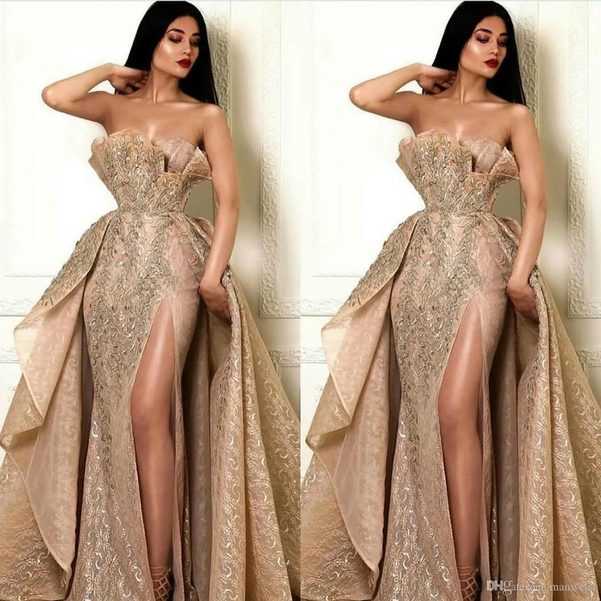 Women's gold sleeveless chiffon swing dress with long skirt, sequins and mid waist tube top design
