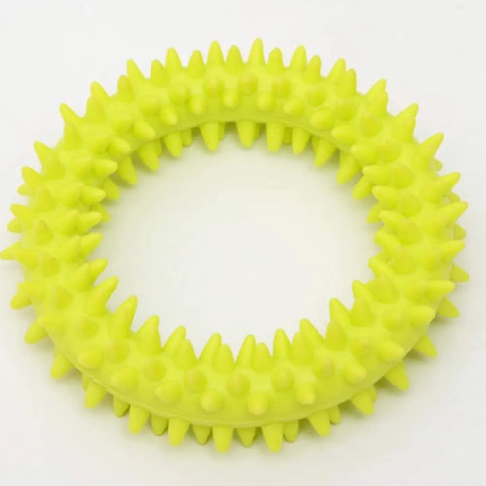 Blue TPR spiky circle ring dog chew toy for dental health and bite training.