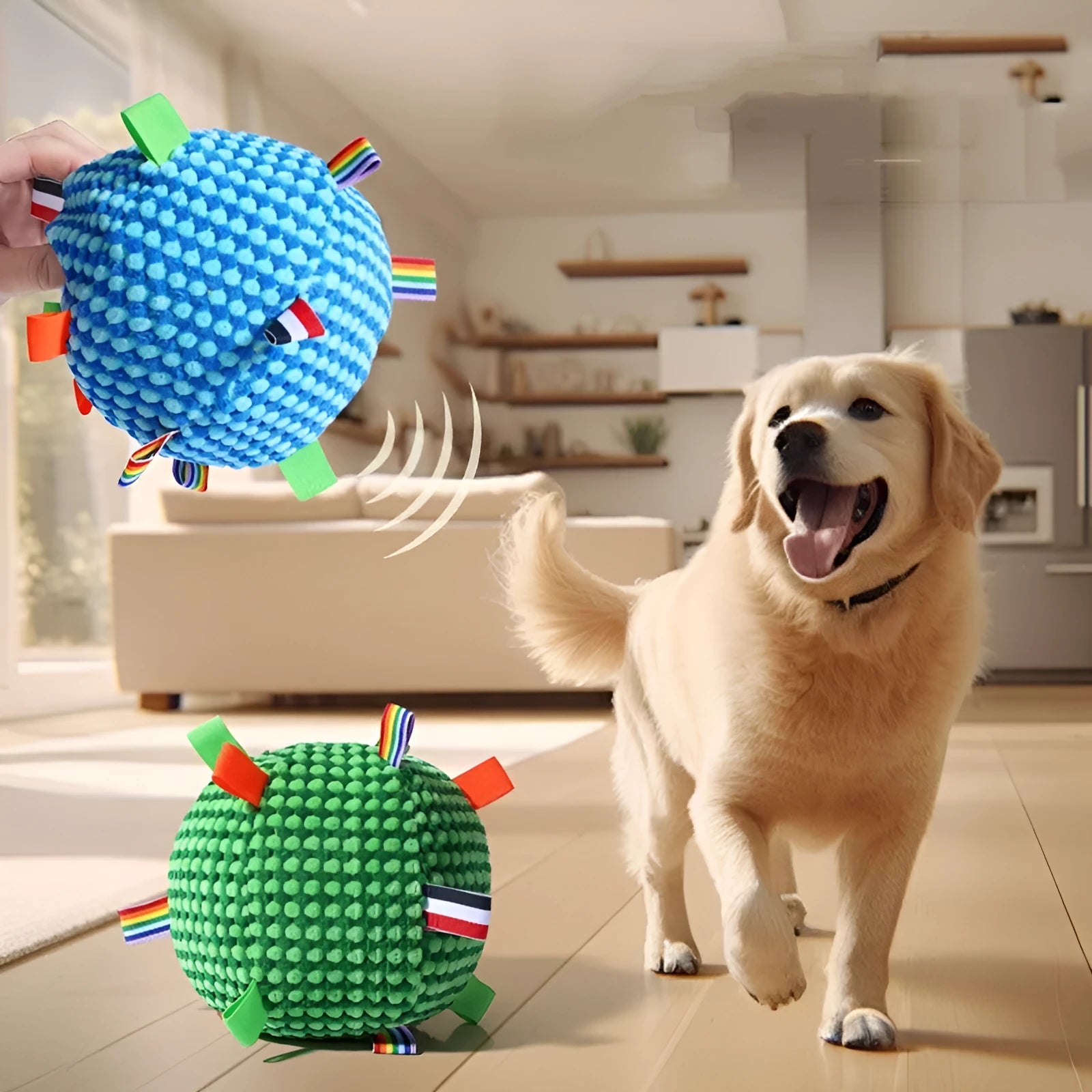 Blue and yellow pineapple lattice dog ball with holes and a vocal ring inside, 17cm diameter.