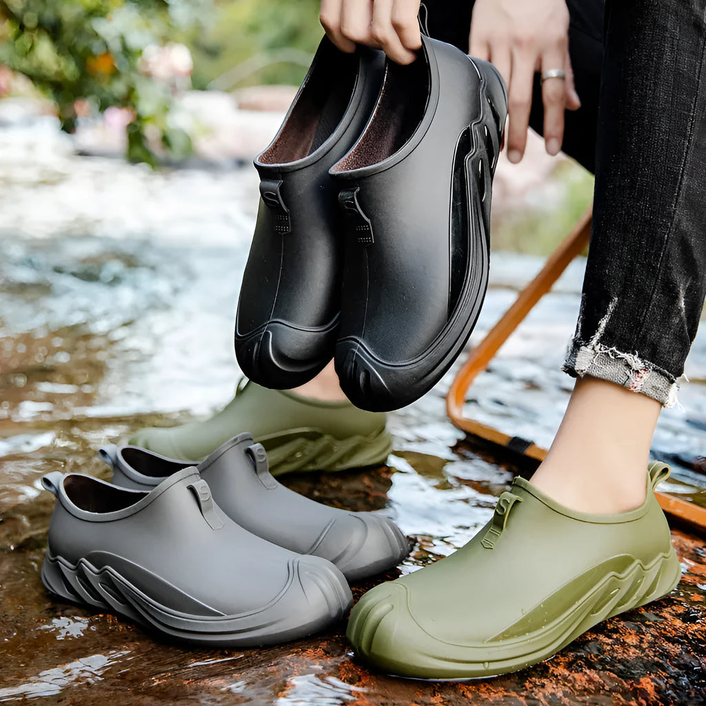 Men's short rain boots in plastic construction available in multiple colours and sizes