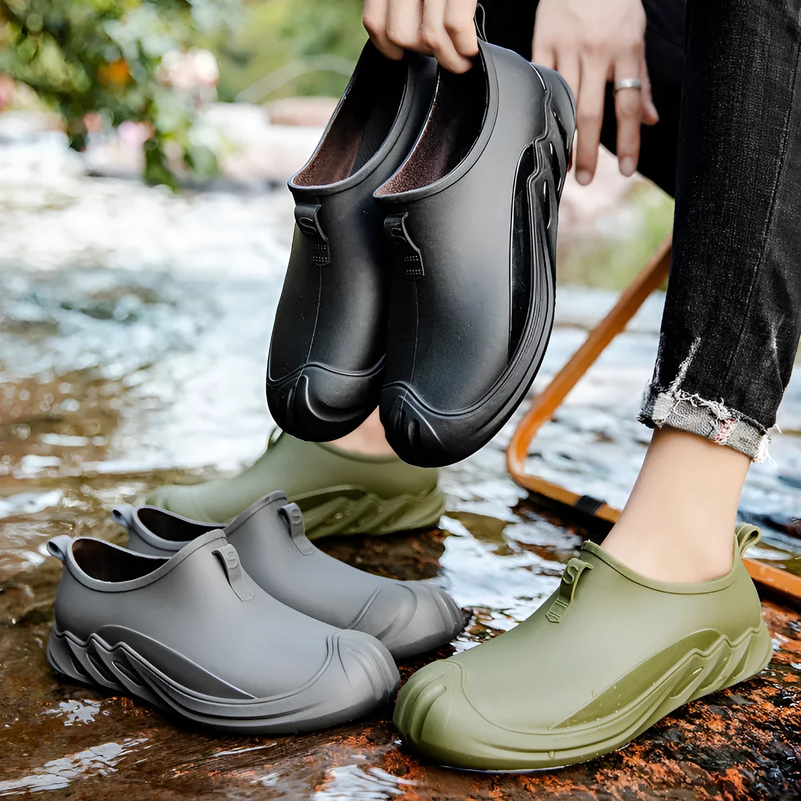 Men's short rain boots in plastic construction available in multiple colours and sizes