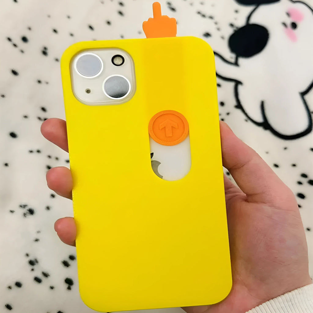 Bright yellow 3D printed sliding middle finger phone case for iPhone with fall protection