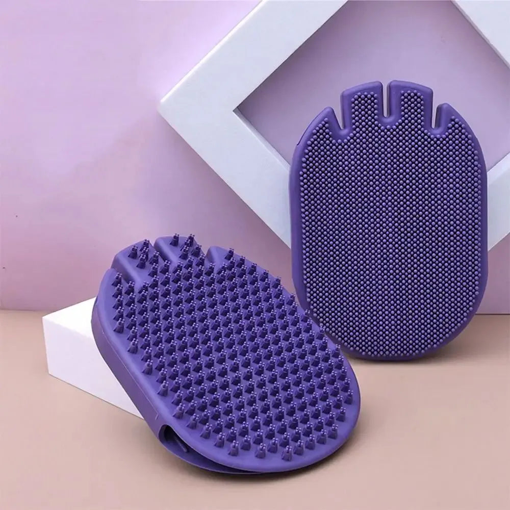 Purple TPR pet shampoo massage brush with dual-sided bristles for dog and cat grooming