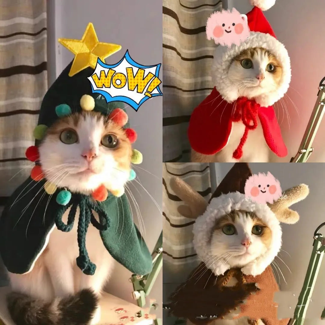 Pet shawl cloak clothing for cats and small dogs in red, green and brown colours
