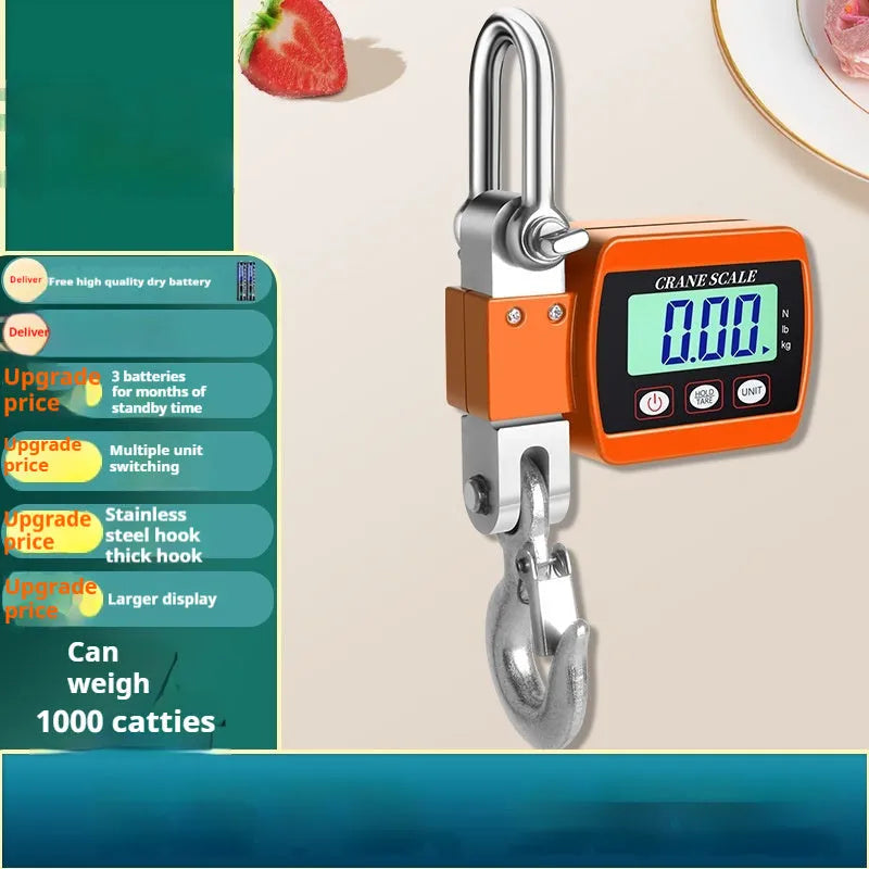 Electronic hook scale with digital display showing weight measurement, available in blue, orange, and white colours