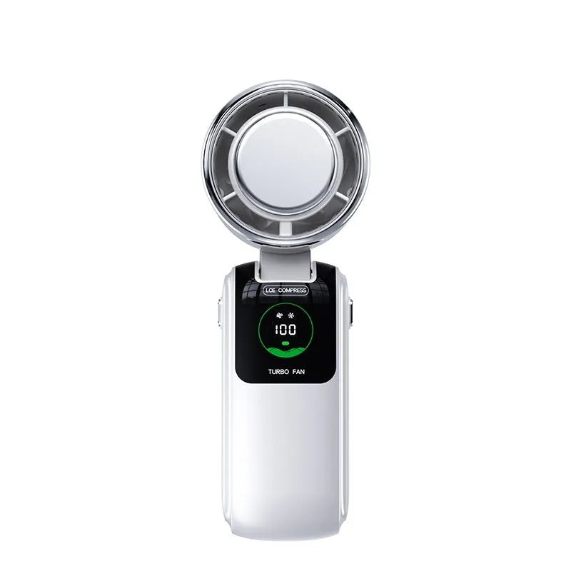 Blue USB rechargeable handheld electric fan with adjustable speed settings and folding design