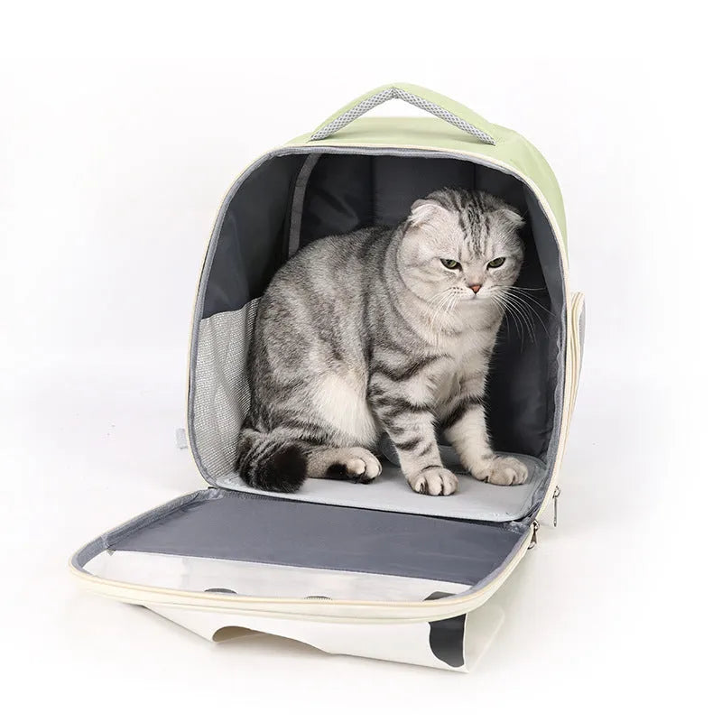 Large capacity portable pet bag for outdoor travel in beige with animal pattern, made from PU PVC