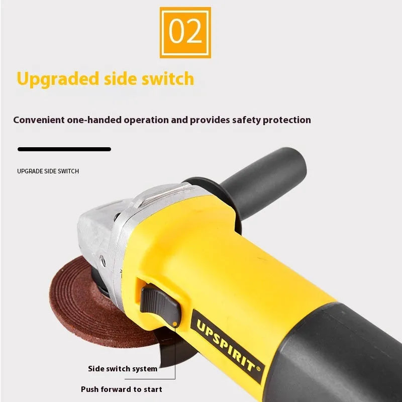125mm household angle grinder with 1050W motor, 11000 RPM cut-in speed, and 14mm spindle for cutting and polishing.