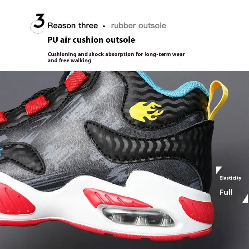 Children's rotating button basketball shoes in black synthetic leather with a white and blue accent.