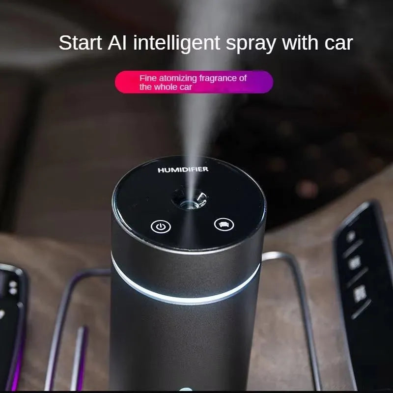 Black aluminium alloy portable car air humidifier and essential oil diffuser with night light on