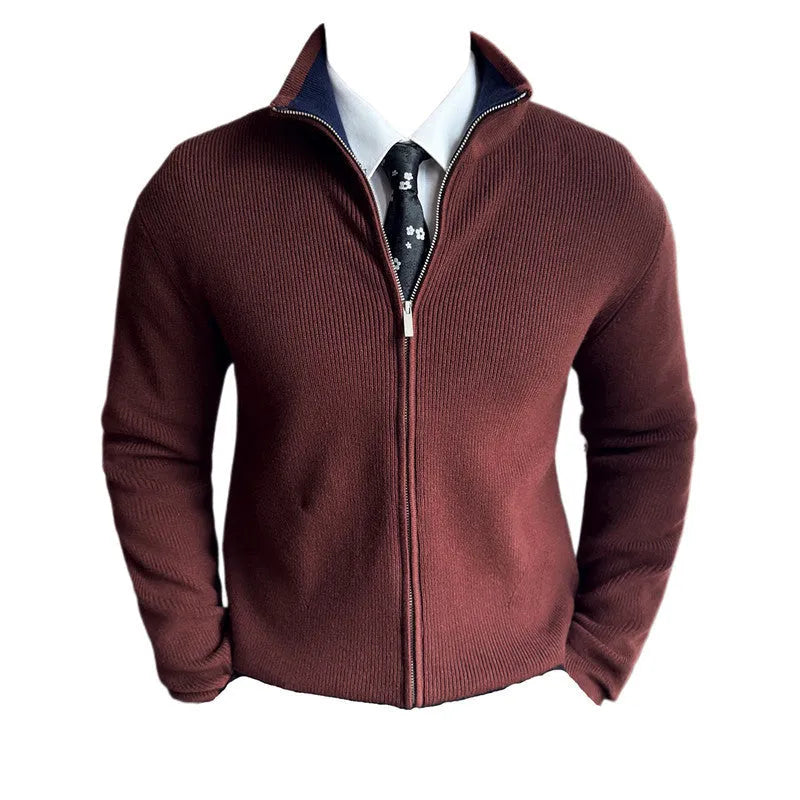 Men's polyester zipped stand collar thickening sweater coat in slim-fit cardigan style, black colour option