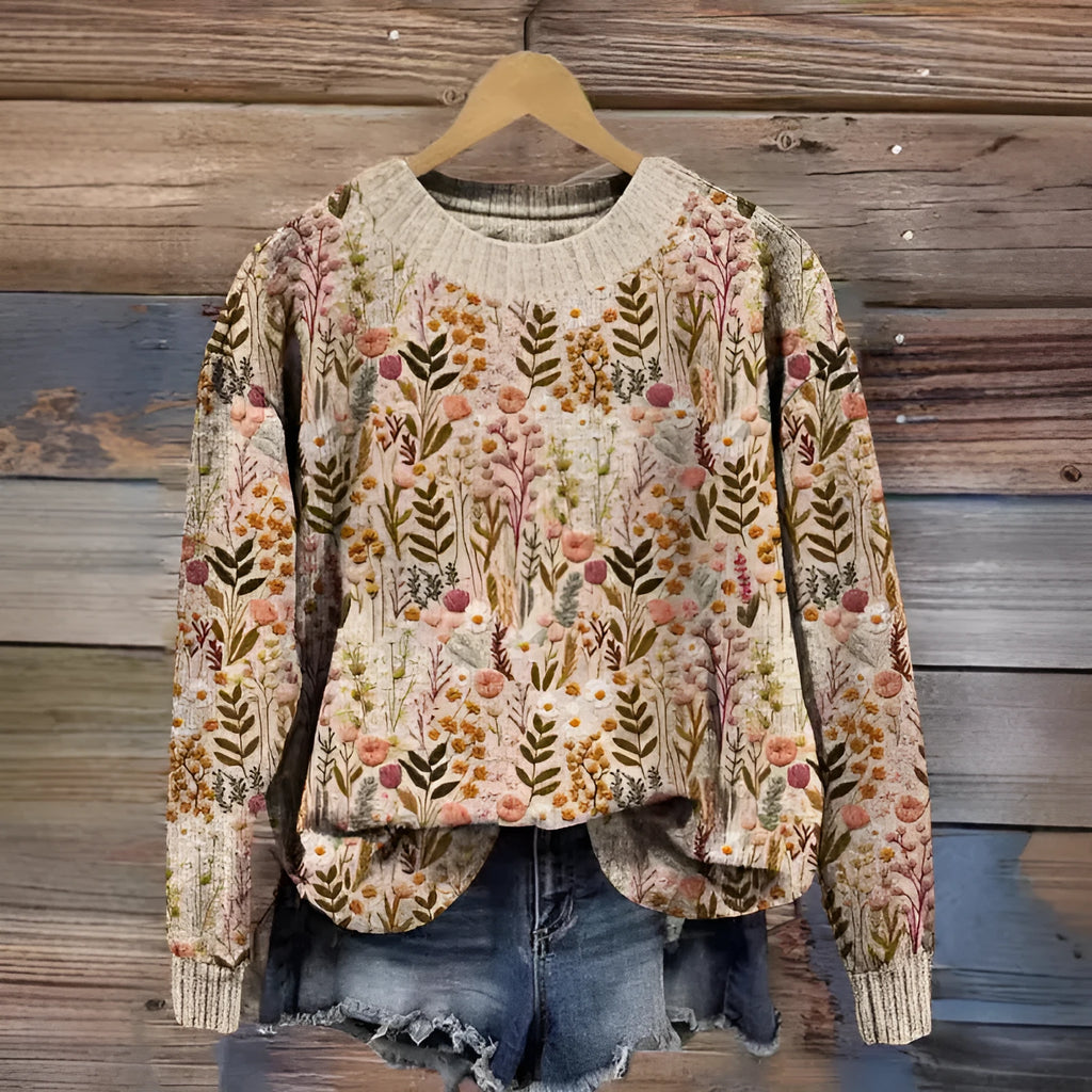 Women's floral print round neck polyester sweater shown in multiple colour options